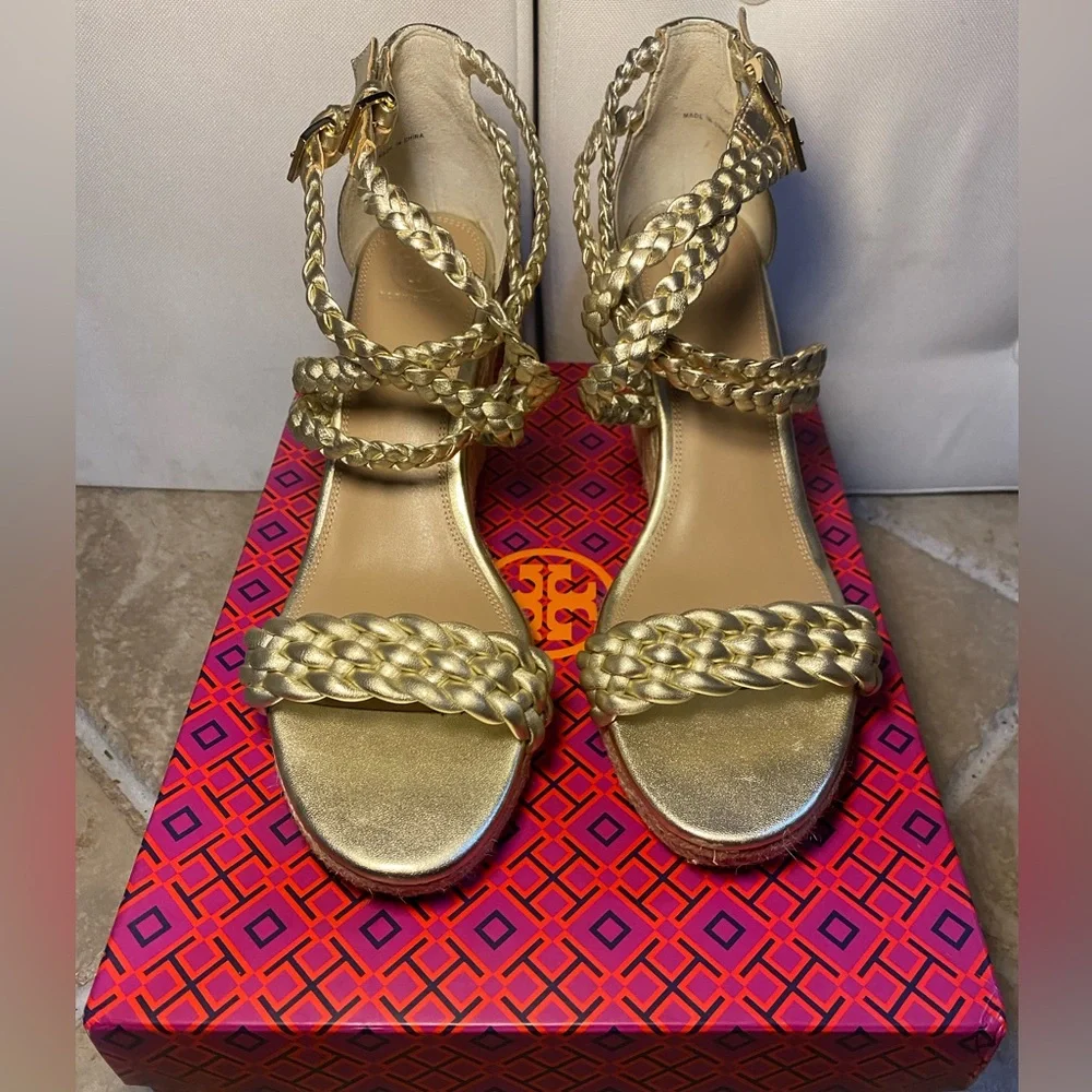 New‎ in Box Tory Burch Women’s Bailey Metallic Leather Espadrille Platform Wedge
